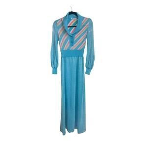 Vintage 70s Empire Waist Glitter Sheer Multi Colored Button Maxi Dress RARE